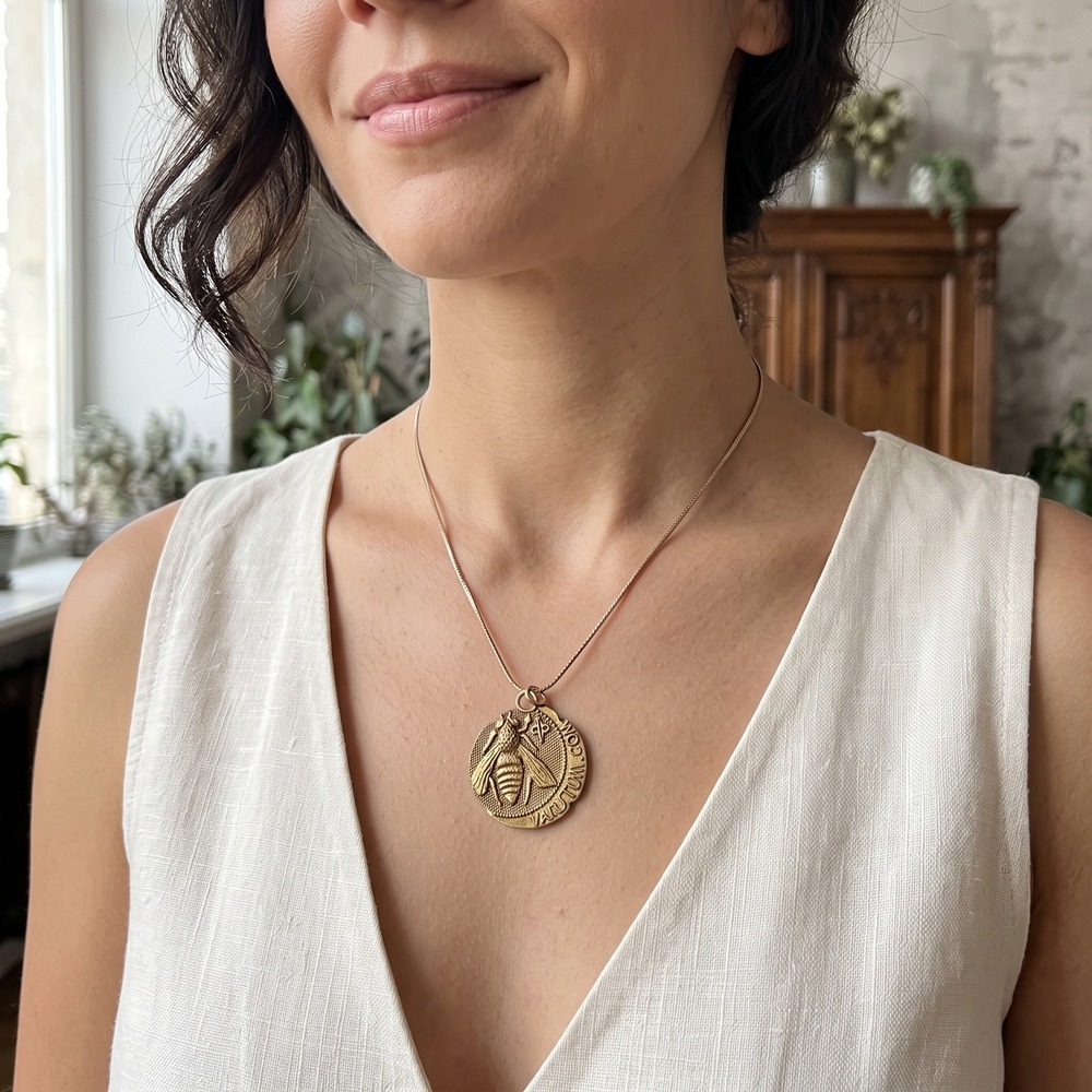 Yakutum Gold Tone Bee Coin Pendant Necklace Vintage Style Medallion Jewelry